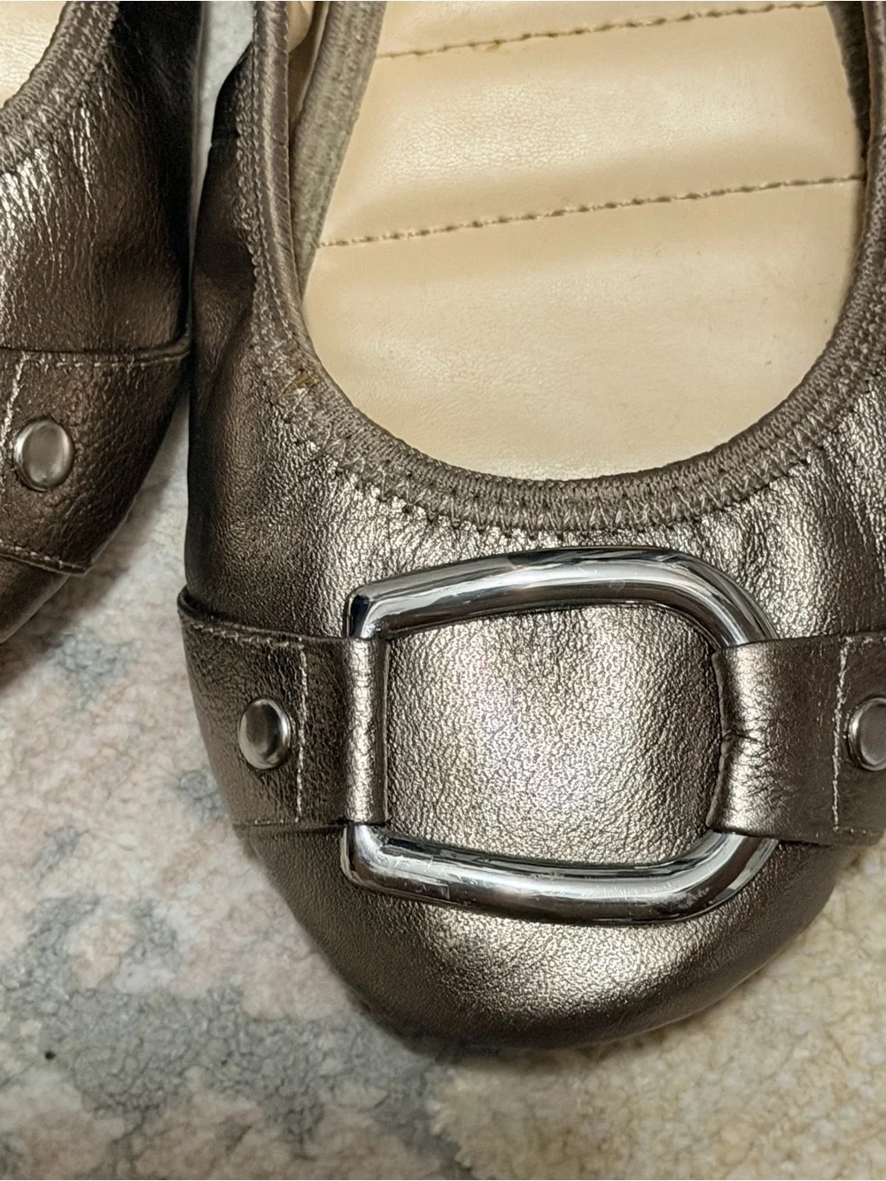 me too Metallic Bronze Leather Buckle Ballet Flats